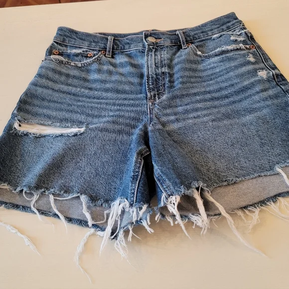 American Eagle High Waisted Strigid Lightly Distressed Relaxed Denim Jean Shorts - Picture 7 of 15